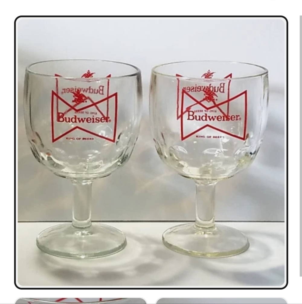 VINTAGE Budweiser Clear Glass Goblets with Red Logo.  Set of 2.